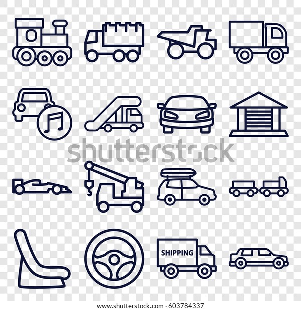 Automobile icons set. set of 16 automobile outline\
icons such as truck with luggage, truck crane, train toy, baby seat\
in car, car music,\
garage