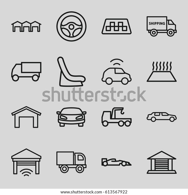 Automobile icons set. set of 16 automobile outline\
icons such as taxi, garage, baby seat in car, car, truck, truck\
with hook, steering\
wheel