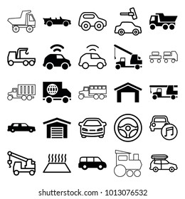 Automobile icons. set of 25 editable filled and outline automobile icons such as garage, truck, car, cabriolet, toy car, truck with hook, steering wheel, truck with luggage