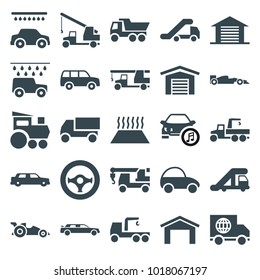Automobile icons. set of 25 editable filled automobile icons such as truck crane, garage, car wash, truck, truck with hook, heating system in car, steering wheel