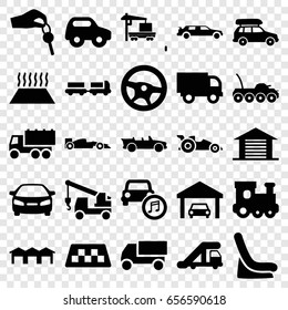 Automobile icons set. set of 25 automobile filled icons such as taxi, truck with luggage, truck crane, toy car, train toy, baby seat in car, car, cabriolet, garage