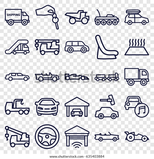 Automobile icons set. set of 25 automobile\
outline icons such as truck with luggage, truck crane, baby seat in\
car, car, cabriolet, garage, hand with\
key