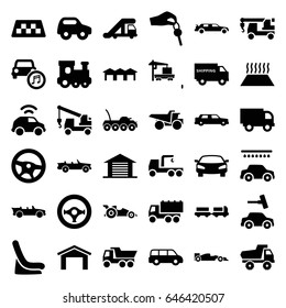 Automobile icons set. set of 36 automobile filled icons such as taxi, truck with luggage, truck crane, garage, toy car, train toy, baby seat in car, car, cabriolet