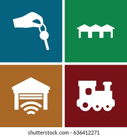 Automobile icons set. set of 4 automobile filled icons such as train toy, garage