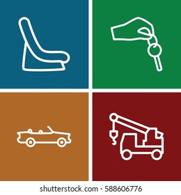 automobile icons set. Set of 4 automobile outline icons such as baby seat in car, truck with hook, hand with key