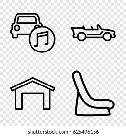 Automobile icons set. set of 4 automobile outline icons such as garage, baby seat in car, car music