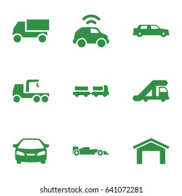 Automobile icons set. set of 9 automobile filled icons such as truck with luggage, truck crane, garage, car