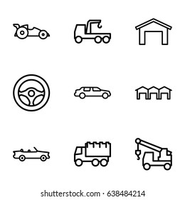 Automobile icons set. set of 9 automobile outline icons such as garage, car, truck, truck with hook