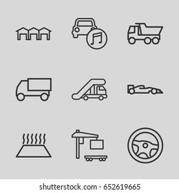 Automobile icons set. set of 9 automobile outline icons such as truck crane, truck, cargo truck, car music, garage, heating system in car, sport car