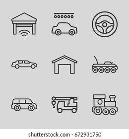 Automobile icons set. set of 9 automobile outline icons such as garage, train toy, car, car wash, truck with hook, military car