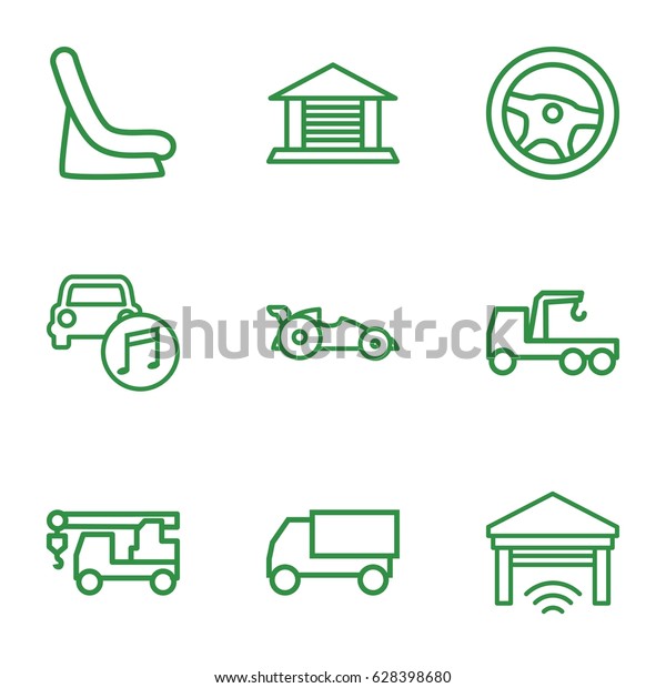 Automobile icons set. set of 9 automobile outline\
icons such as baby seat in car, truck, truck with hook, car music,\
garage, car