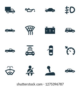 Automobile icons set with caution, oil pressure low, pickup and other car elements. Isolated vector illustration automobile icons.