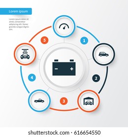 Automobile Icons Set. Collection Of Accumulator, Car, Chronometer And Other Elements. Also Includes Symbols Such As Carriage, Auto, Water.