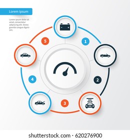 Automobile Icons Set. Collection Of Automobile, Accumulator, Fixing And Other Elements. Also Includes Symbols Such As Speed, Chronometer, Convertible.