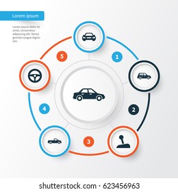 Automobile Icons Set. Collection Of Automobile, Auto, Carriage And Other Elements. Also Includes Symbols Such As Lever, Gear, Pickup.