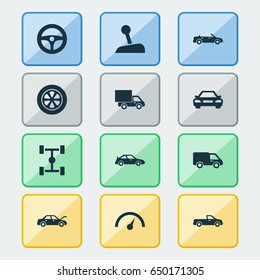 Automobile Icons Set. Collection Of Auto, Fixing, Carriage And Other Elements. Also Includes Symbols Such As Tire, Lorry, Automobile.