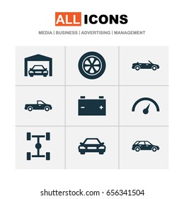 Automobile Icons Set. Collection Of Auto, Accumulator, Carriage And Other Elements. Also Includes Symbols Such As Convertible, Carriage, Accumulator.
