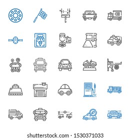 automobile icons set. Collection of automobile with car, electric car, school bus, delivery truck, truck, gas station, garage, hood, engine. Editable and scalable automobile icons.