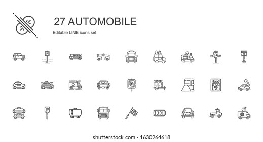 automobile icons set. Collection of automobile with car, tire, racing, school bus, fuel truck, parking, fuel, van, ambulance, taxi, ice cream truck. Editable and scalable automobile icons.