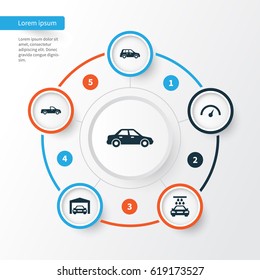 Automobile Icons Set. Collection Of Automobile, Car, Chronometer And Other Elements. Also Includes Symbols Such As Repairing, Chronometer, Car.