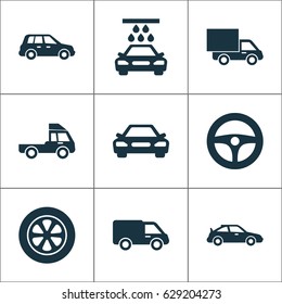 Automobile Icons Set. Collection Of Car, Transport Cleaning, Truck And Other Elements. Also Includes Symbols Such As Crossover, Tire, Wash.