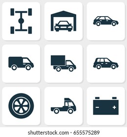 Automobile Icons Set. Collection Of Car, Repairing, Van And Other Elements. Also Includes Symbols Such As Battery, Wheel, Accumulator.