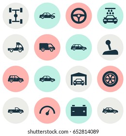 Automobile Icons Set. Collection Of Carriage, Drive Control, Van And Other Elements. Also Includes Symbols Such As Speed, Pickup, Station.