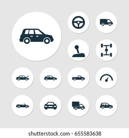 Automobile Icons Set. Collection Of Carriage, Chronometer, Fixing And Other Elements. Also Includes Symbols Such As Fixing, Lorry, Sports.