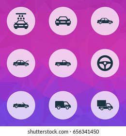 Automobile Icons Set. Collection Of Carriage, Fixing, Lorry And Other Elements. Also Includes Symbols Such As Automobile, Van, Wheel.