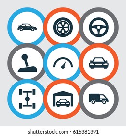 Automobile Icons Set. Collection Of Chronometer, Auto, Wheel And Other Elements. Also Includes Symbols Such As Car, Van, Gear.