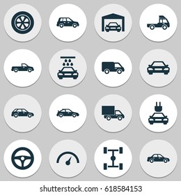 Automobile Icons Set. Collection Of Chronometer, Carriage, Plug And Other Elements. Also Includes Symbols Such As Water, Tire, Pickup.