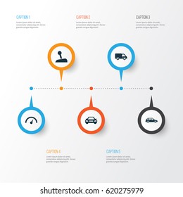Automobile Icons Set. Collection Of Chronometer, Auto, Hatchback And Other Elements. Also Includes Symbols Such As Speedometer, Automobile, Wagon.