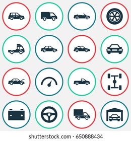 Automobile Icons Set. Collection Of Chronometer, Wheelbase, Wheel And Other Elements. Also Includes Symbols Such As Sedan, Sports, Tire.
