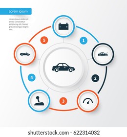 Automobile Icons Set. Collection Of Convertible Model, Chronometer, Stick And Other Elements. Also Includes Symbols Such As Speedometer, Convertible, Lever.