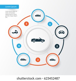 Automobile Icons Set. Collection Of Automobile, Convertible Model, Van And Other Elements. Also Includes Symbols Such As Wagon, Hood, Car.