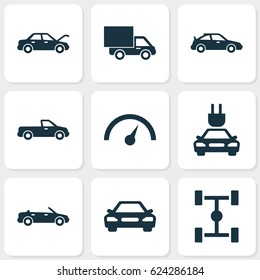 Automobile Icons Set. Collection Of Convertible Model, Carriage, Lorry And Other Elements. Also Includes Symbols Such As Hood, Sports, Truck.