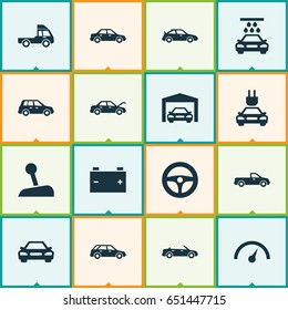 Automobile Icons Set. Collection Of Convertible Model, Automobile, Repairing And Other Elements. Also Includes Symbols Such As Battery, Automobile, Garage.