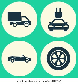 Automobile Icons Set. Collection Of Convertible Model, Plug, Wheel And Other Elements. Also Includes Symbols Such As Electric, Van, Car.