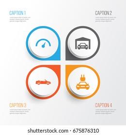 Automobile Icons Set. Collection Of Convertible Model, Chronometer, Repairing And Other Elements. Also Includes Symbols Such As Electric, Chronometer, Speedometer.