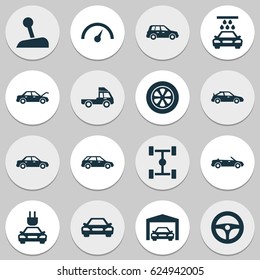 Automobile Icons Set. Collection Of Crossover, Car, Auto And Other Elements. Also Includes Symbols Such As Fixing, Gear, Speed.