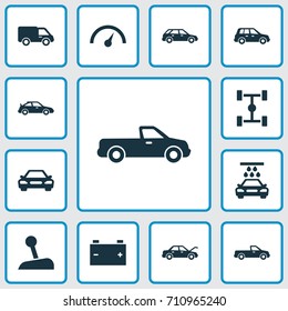 Automobile Icons Set. Collection Of Crossover, Carriage, Truck And Other Elements. Also Includes Symbols Such As Lever, Automobile, Lorry.