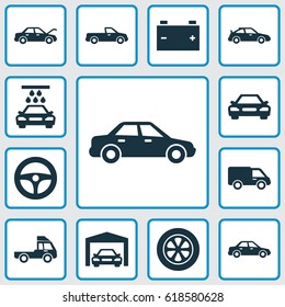 Automobile Icons Set. Collection Of Drive Control, Truck, Fixing And Other Elements. Also Includes Symbols Such As Pickup, Wash, Repairing.