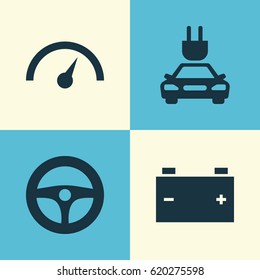 Automobile Icons Set. Collection Of Drive Control, Accumulator, Plug And Other Elements. Also Includes Symbols Such As Car, Electric, Speedometer.