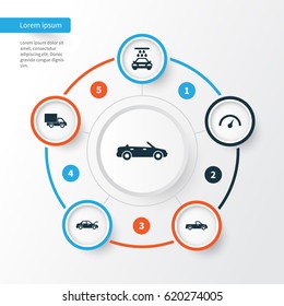 Automobile Icons Set. Collection Of Fixing, Transport Cleaning, Carriage And Other Elements. Also Includes Symbols Such As Auto, Hood, Truck.