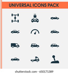 Automobile Icons Set. Collection Of Fixing, Wheelbase, Carriage And Other Elements. Also Includes Symbols Such As Speed, Chronometer, Hood.