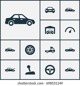 Automobile Icons Set. Collection Of Fixing, Carriage, Repairing And Other Elements. Also Includes Symbols Such As Wagon, Hatchback, Repairing.