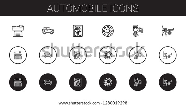 automobile icons set. Collection of\
automobile with garage, car, ice cream machine, rolling wheel,\
driver, engine. Editable and scalable automobile\
icons.
