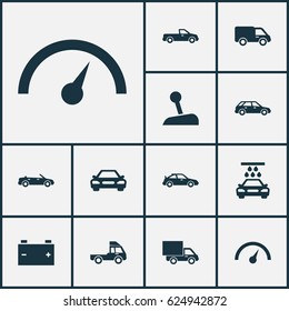 Automobile Icons Set. Collection Of Hatchback, Van, Stick And Other Elements. Also Includes Symbols Such As Wash, Battery, Water.