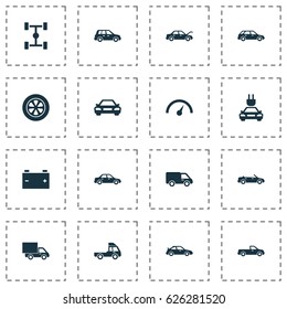 Automobile Icons Set. Collection Of Hatchback, Accumulator, Auto And Other Elements. Also Includes Symbols Such As Sedan, Electric, Hatchback.