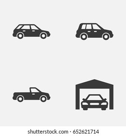 Automobile Icons Set. Collection Of Hatchback, Car, Repairing And Other Elements. Also Includes Symbols Such As Pickup, Hatchback, Garage.